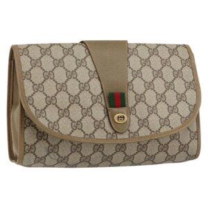 GUCCI GG Supreme Web Sherry Line Clutch Bag PVC Beige Gold